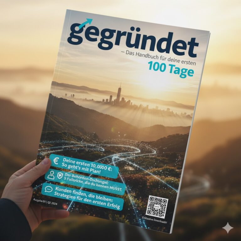 Cover eines Handbuchs mit dem Titel 'gegründet' und dem Untertitel 'Das Handbuch für deine ersten 100 Tage'.