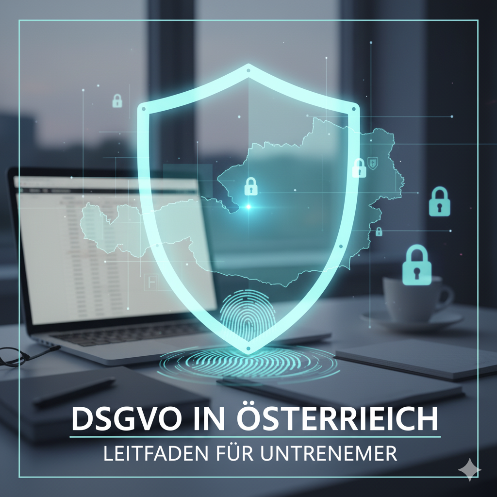 Grafik mit einem Schildsymbol und einer Karte von Österreich, das Datenschutz darstellt.